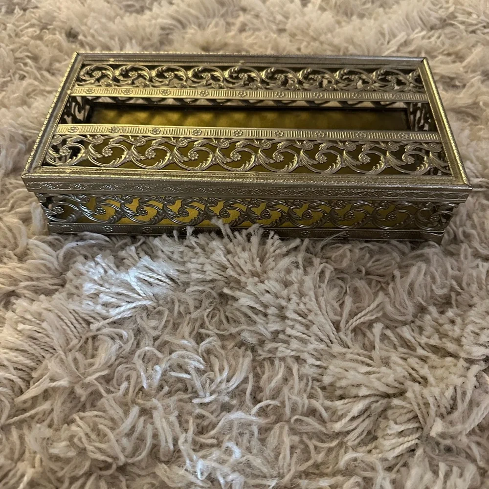 Vintage Hollywood Regency Ornate Filigree Tissue Box Holder , Footed